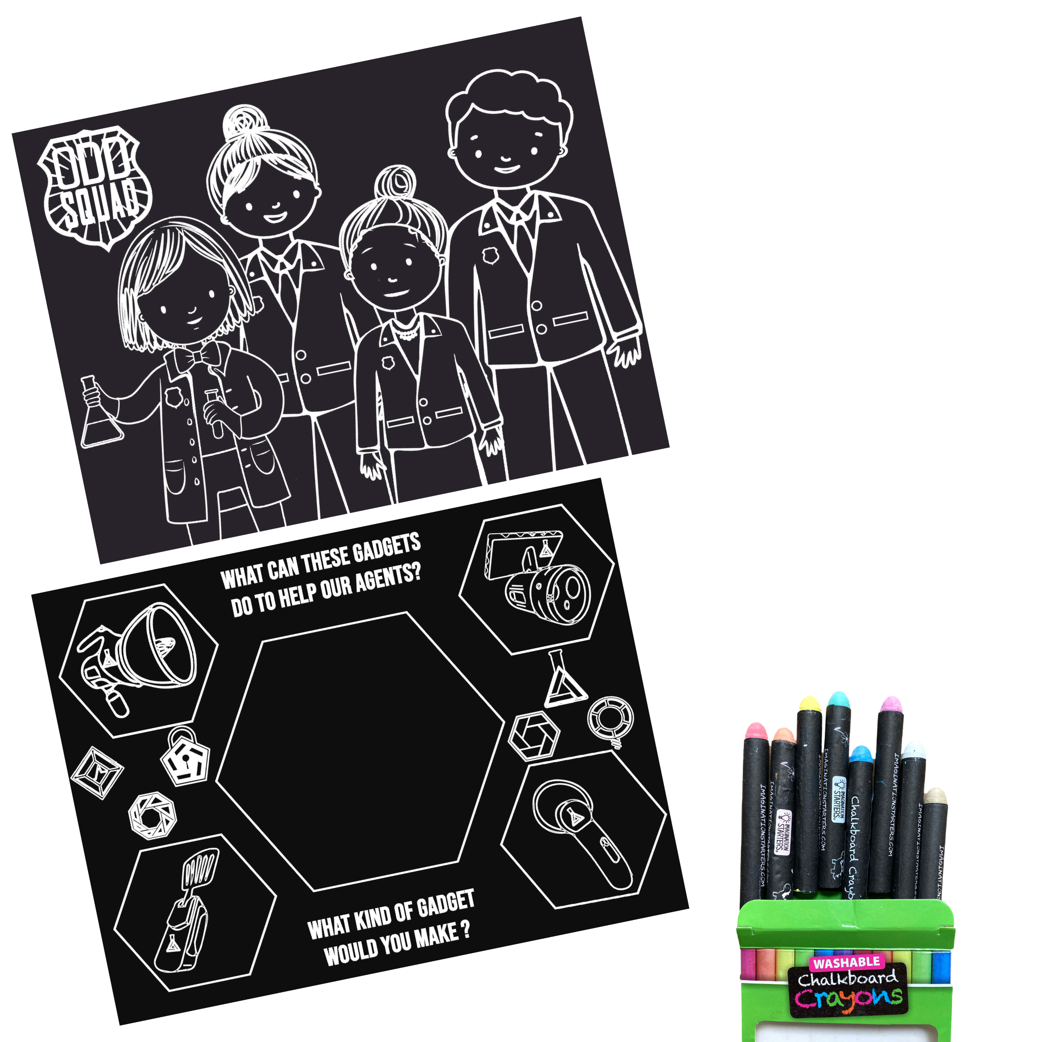 Odd Squad - Team Gadget - Coloring Set set of 2 12"x17" + 8 chalk cray