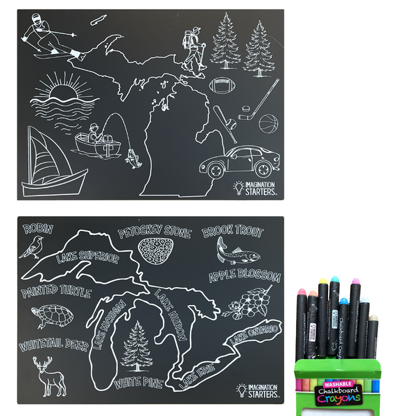 Exclusive Michigan Hobby chalkboard placemat coloring pack with chalk crayons.