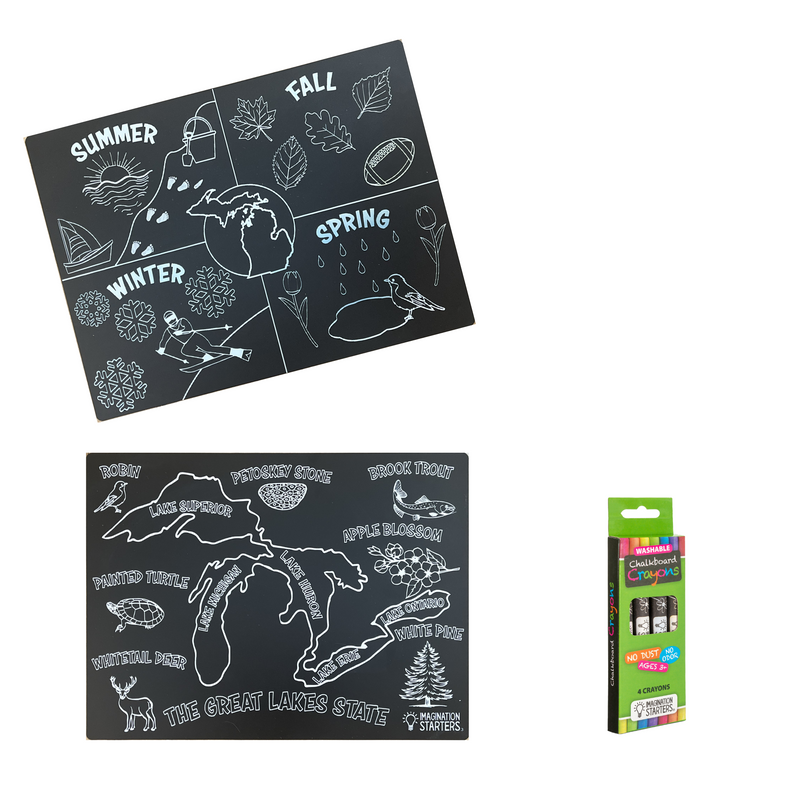 Exclusive Michigan Seasons chalkboard travel mat pack with chalk crayons.