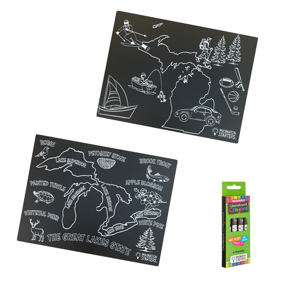 Exclusive Michigan Hobby chalkboard travel mat pack with chalk crayons.