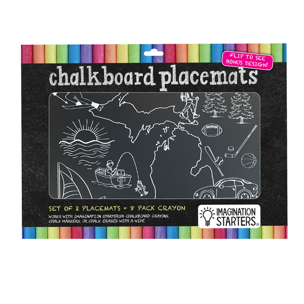 Exclusive Michigan Hobby chalkboard placemat coloring pack with chalk crayons.