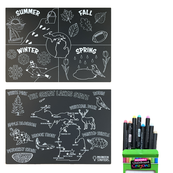 Exclusive Michigan Seasons chalkboard placemat coloring pack with chalk crayons.