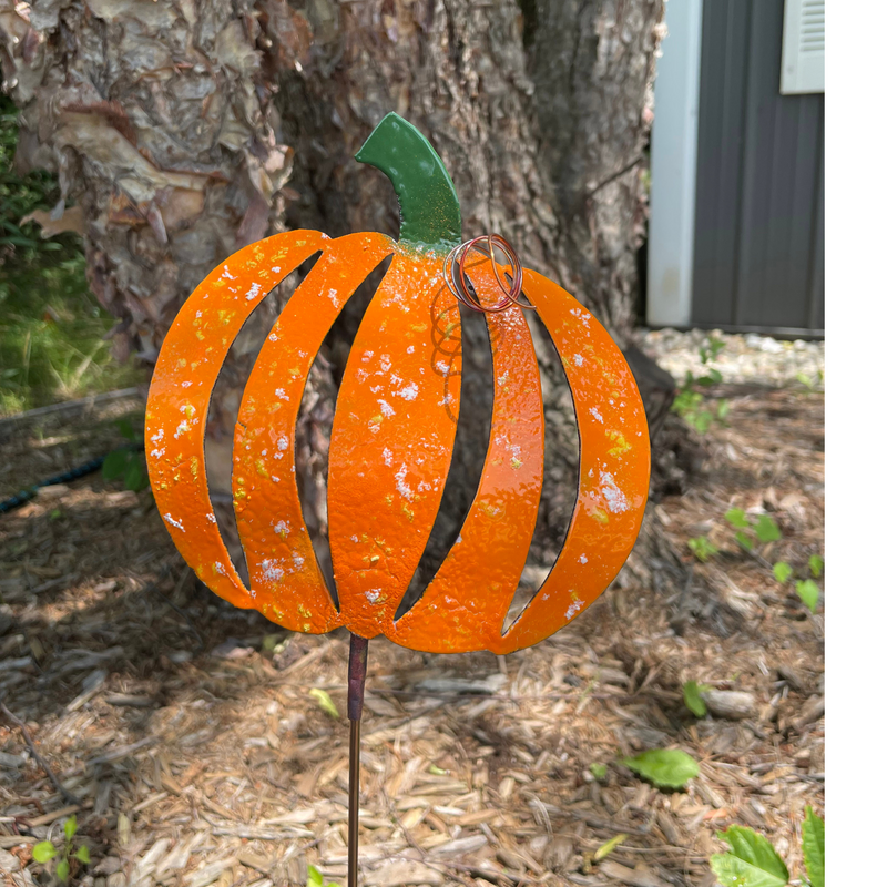 Copper Enamel Pumpkin Garden Stake- New design NOTE:  Orders for these will ship on or around September 18.  Placing an order for these before that date will create a pre-paid, pre-order