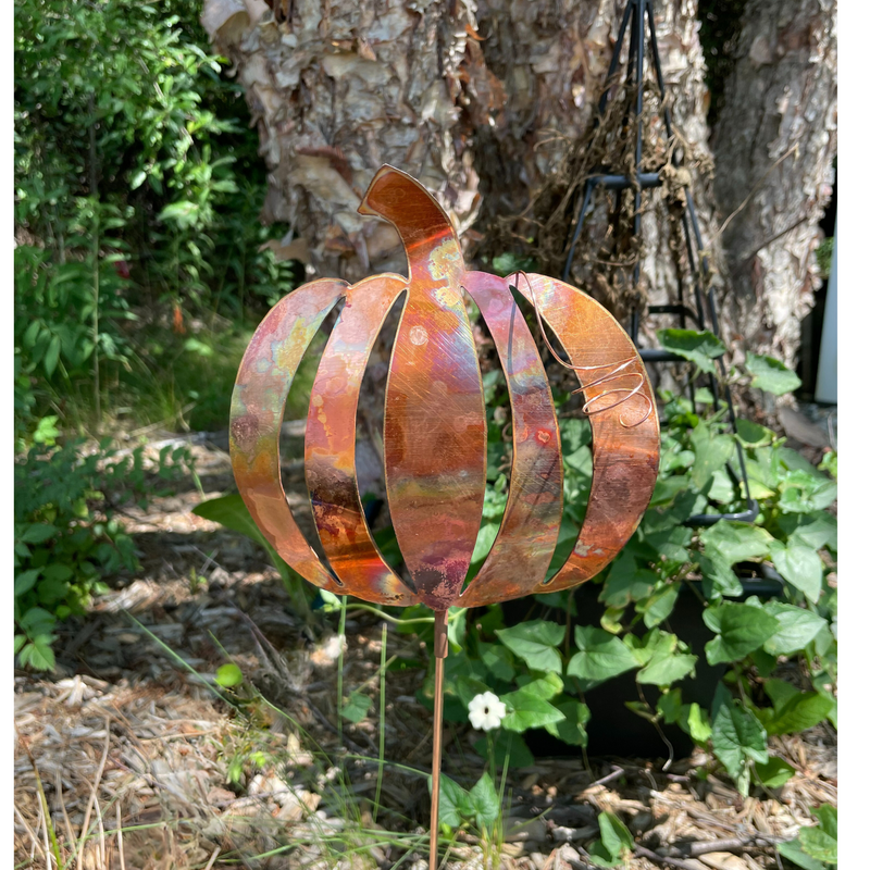 Natural Copper Pumpkin Garden Stake- Bare Copper  NOTE:  Orders for these will ship on or around September 18.  Placing an order for these before that date will create a pre-paid, pre-order