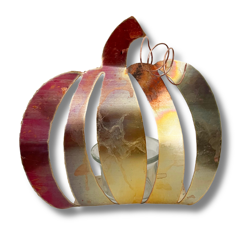 Natural Copper Pumpkin Candle Holder  NOTE:  Orders for these will ship on or around September 18.  Placing an order for these before that date will create a pre-paid, pre-order
