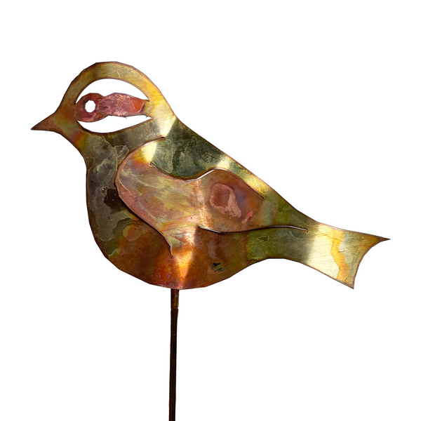 Natural Copper Chicadee Garden Stake- Bare Copper NOTE:  Orders for these will ship on or around September 18.  Placing an order for these before that date will create a pre-paid, pre-order