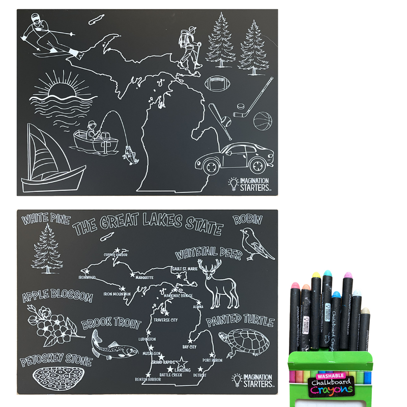 Exclusive Michigan Hobby chalkboard placemat coloring pack with chalk crayons.