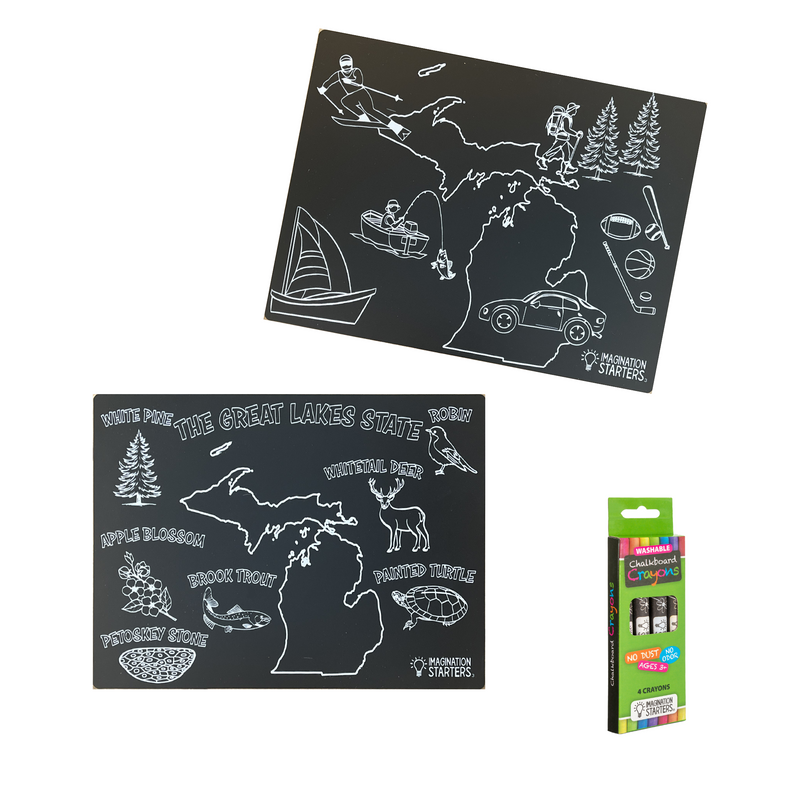 Exclusive Michigan Hobby chalkboard travel mat pack with chalk crayons.