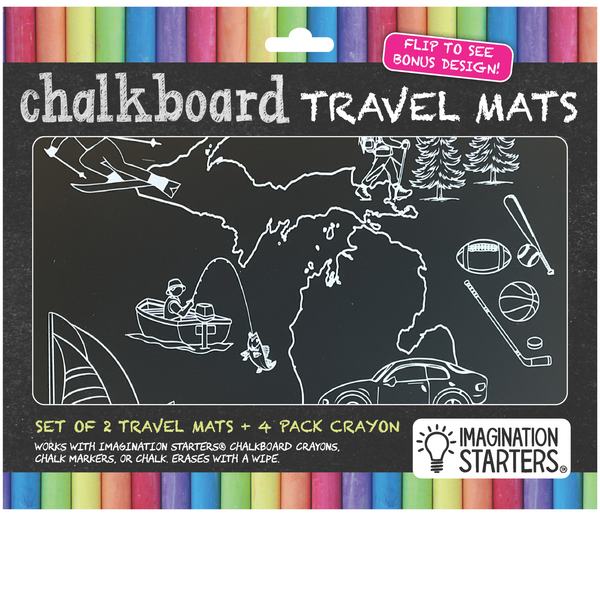 Exclusive Michigan Hobby chalkboard travel mat pack with chalk crayons.