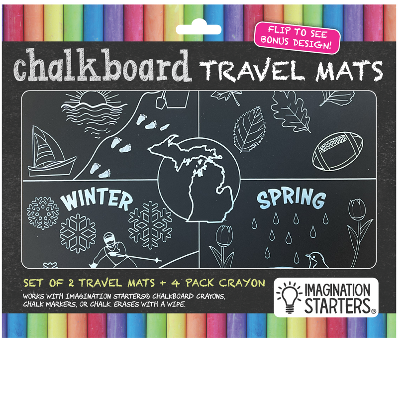 Exclusive Michigan Seasons chalkboard travel mat pack with chalk crayons.